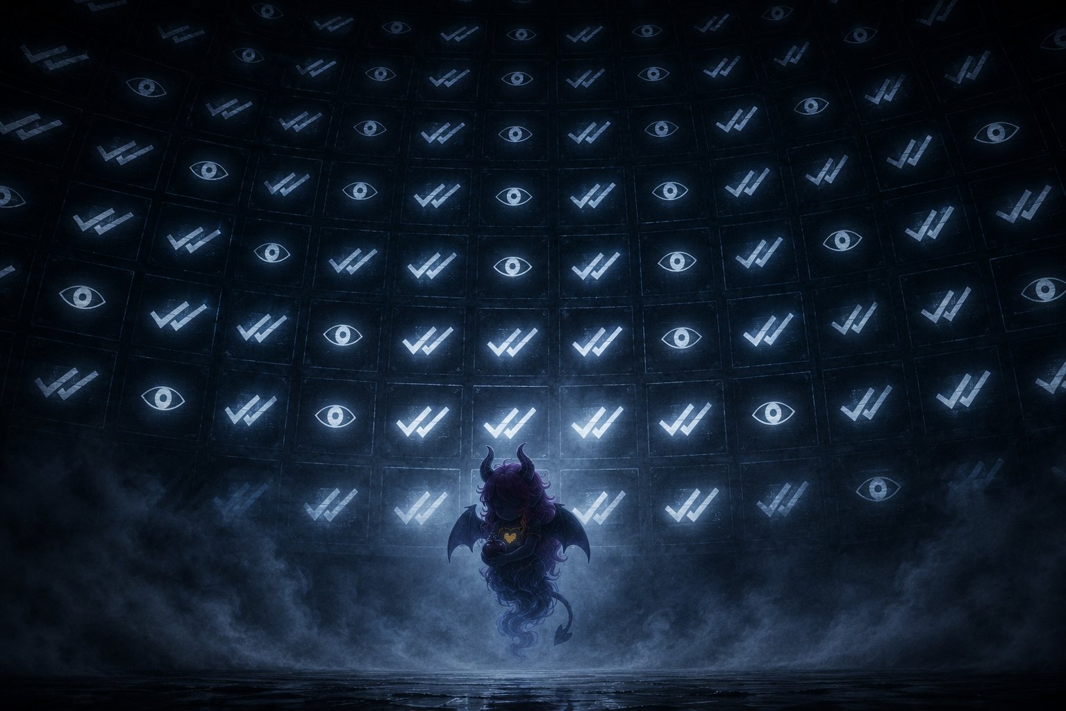 A wall of glowing read-receipt checkmarks and watching eyes