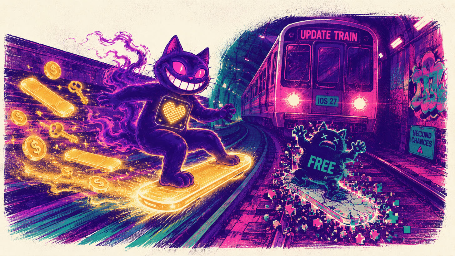 Sid riding a reliable golden hoverboard while a free version crumbles before an update train