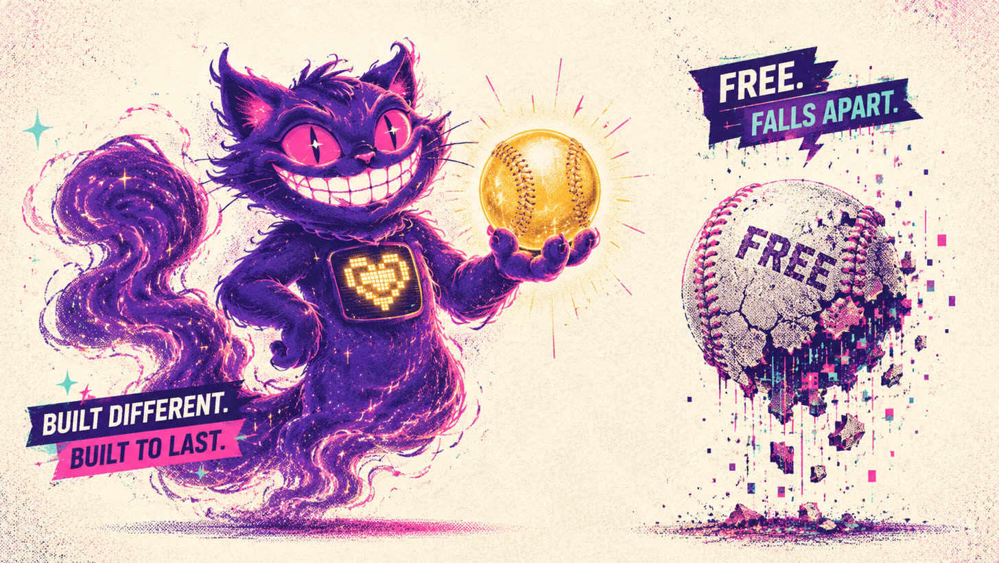 Sid holding a solid gold baseball that lasts next to a free baseball cracking and falling apart