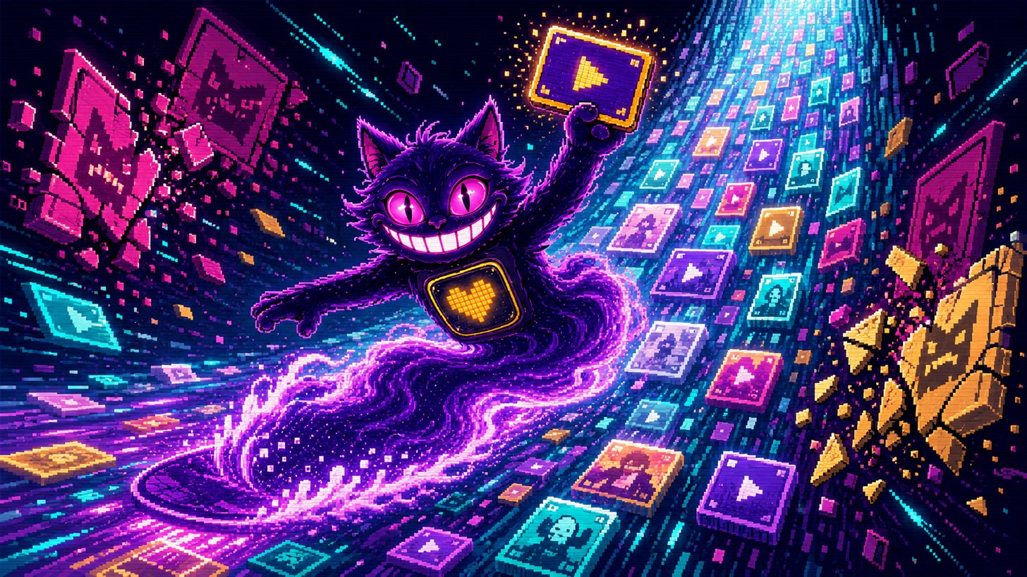 BHTikTok Plus on iPhone surfing the feed, pixel-art