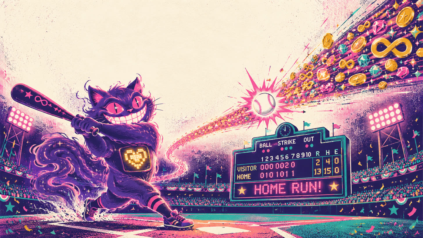 Sid the cat hitting a home run with unlimited coins and gems trailing the ball in BASEBALL 9