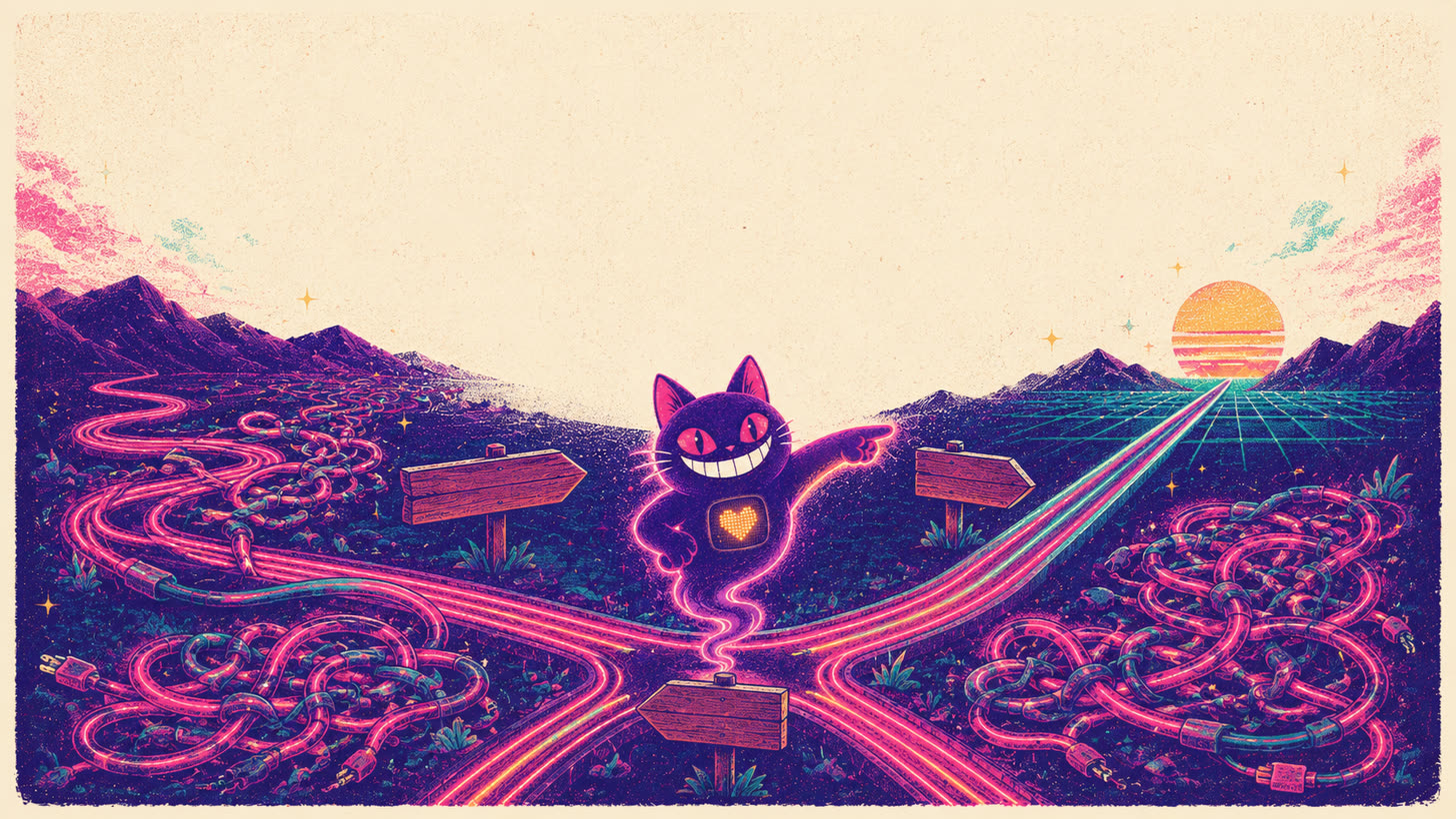 Sid the cat at a crossroads choosing between tangled free-sideloading paths and one clean lane