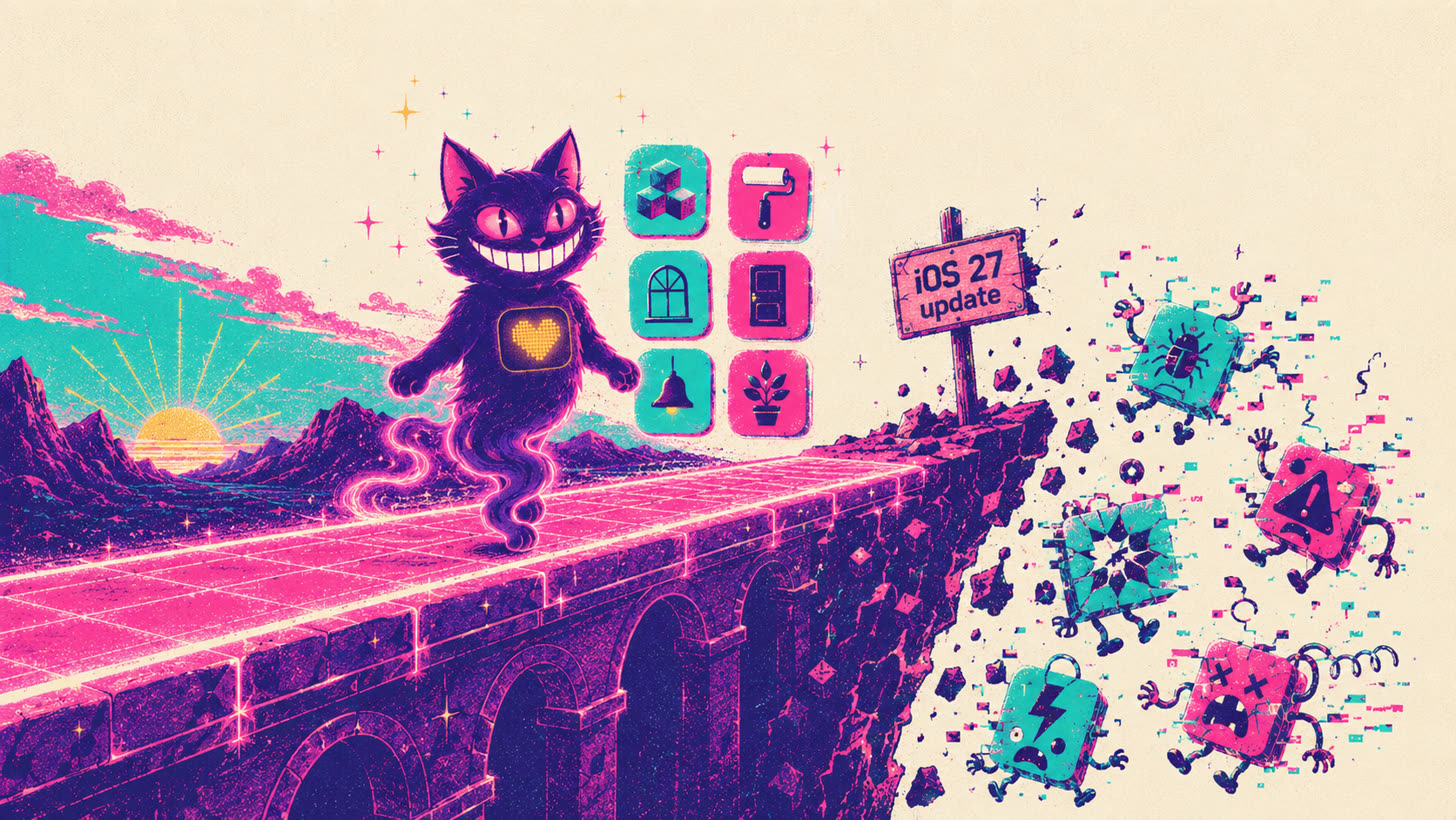 Sid crossing a stable bridge with his apps while free-tool apps tumble off a cliff marked iOS 27 update