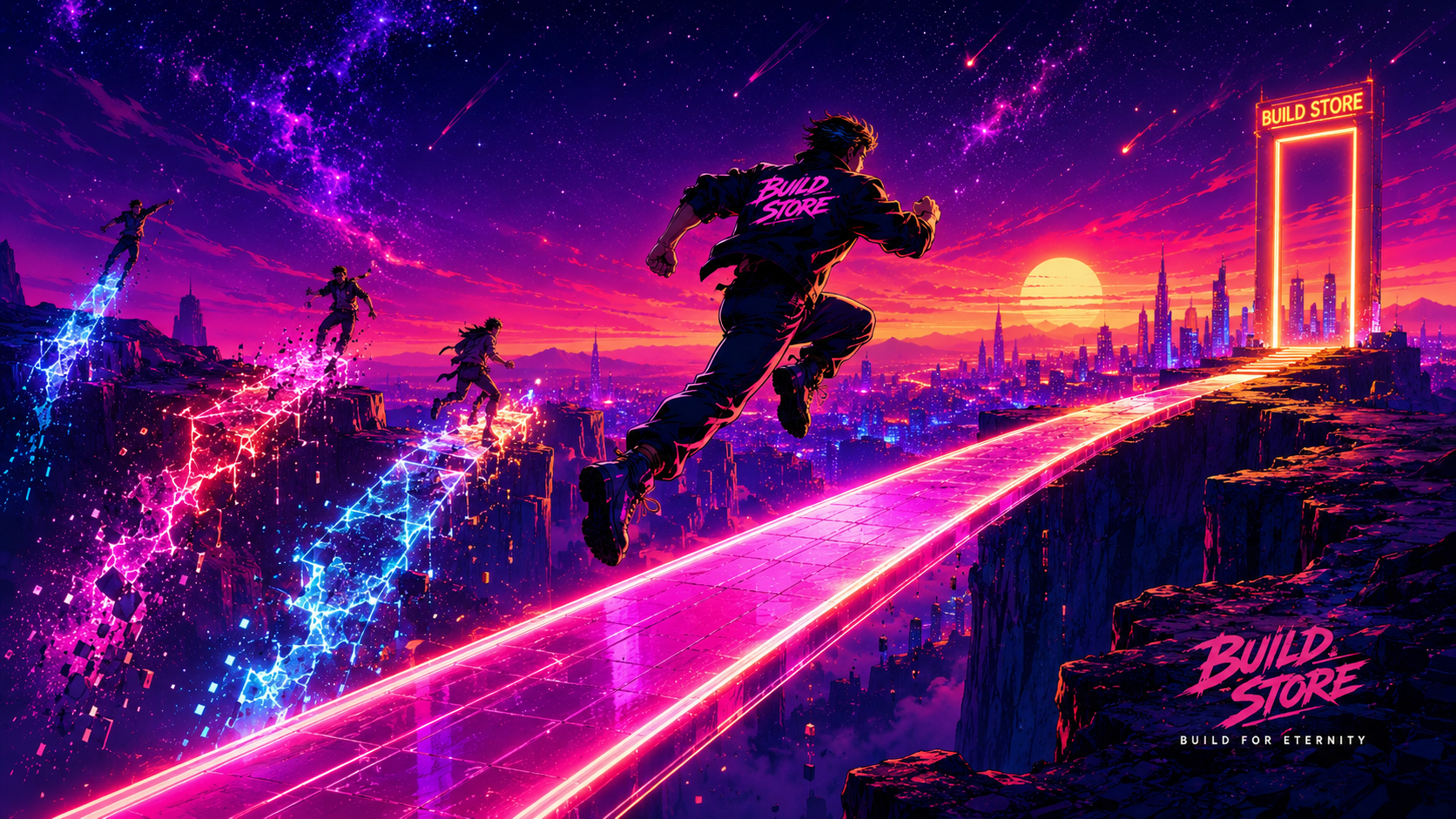 A hero crossing a solid bridge of light while other sideloading routes crumble — comparing iOS 26 methods