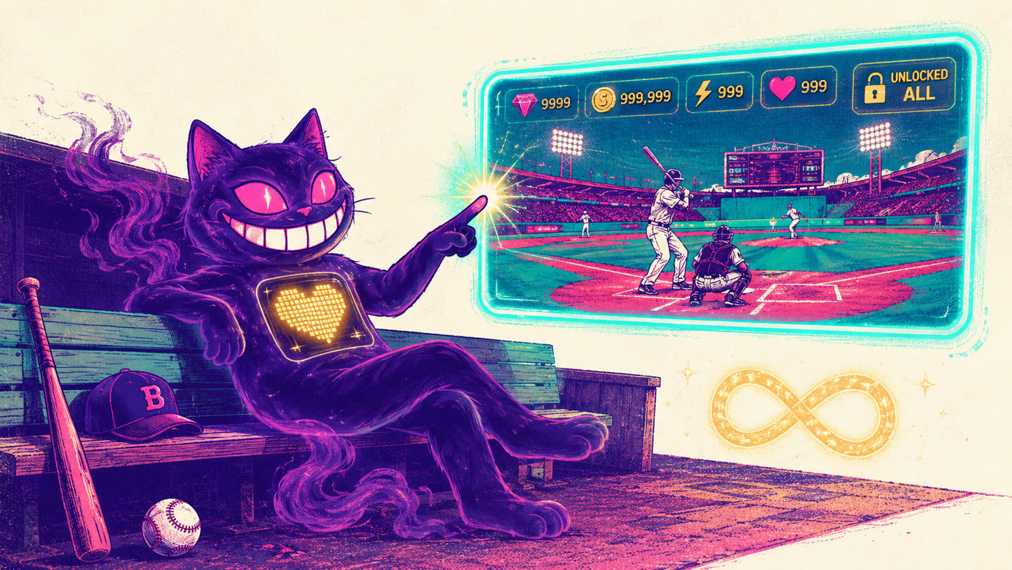 Sid relaxed in a dugout one-tap installing BASEBALL 9 with maxed money and gems, everything unlocked