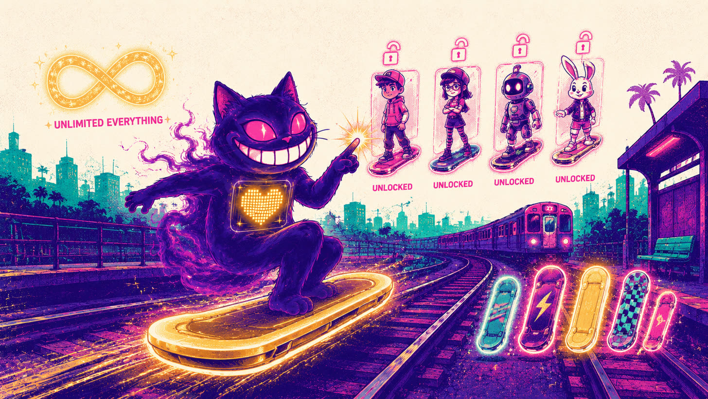 Sid cruising on a hoverboard with unlimited everything and all characters and boards unlocked in Subway Surfers