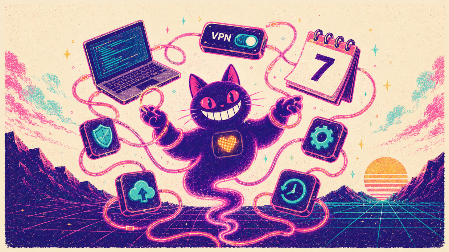 Sid juggling a laptop, VPN toggle, a 7-day calendar and app tiles, the upkeep of free sideloading
