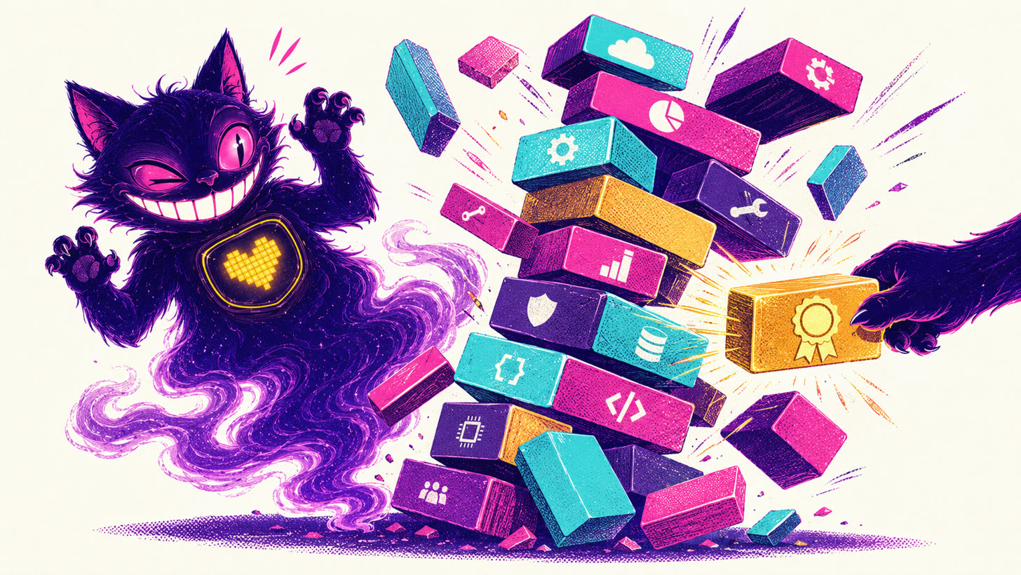 A tower of app blocks collapsing when a shared free certificate block is pulled out