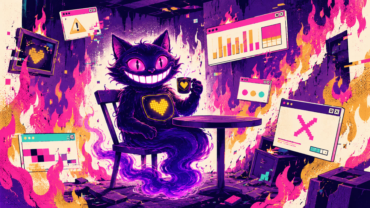 Sid calmly sipping a mug in a burning room full of glitchy error pop-ups
