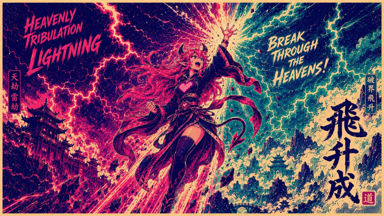 Eve as a cultivator ascending through heavenly tribulation lightning