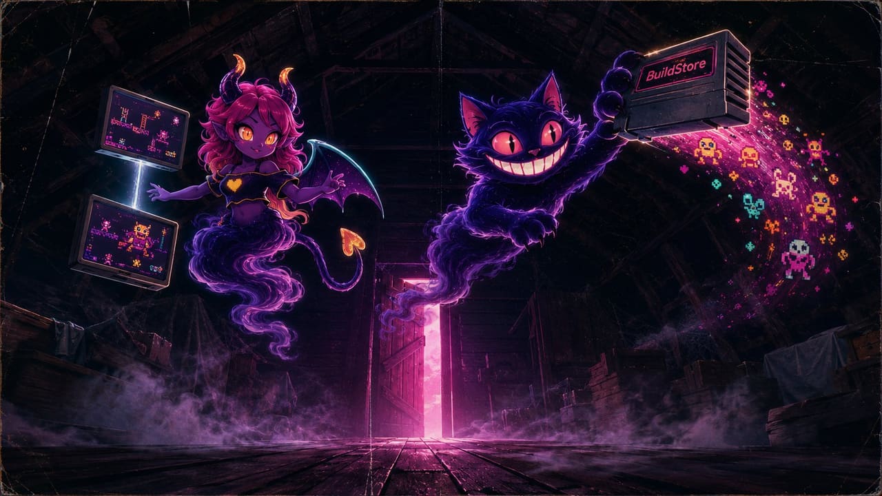 Catching a flying game cartridge trailing pixel sprites