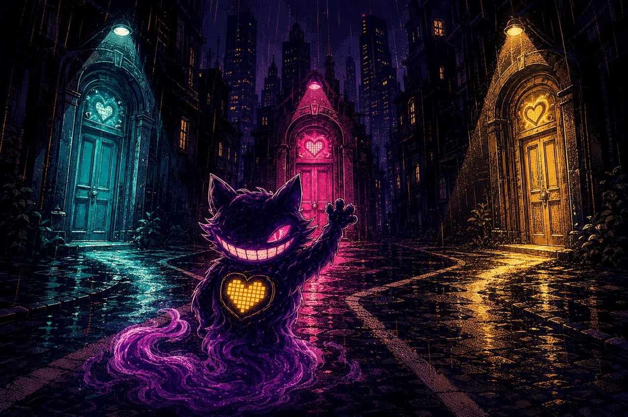 Sid the cat standing at a three-way signpost — a cable path, a phone-only path, and a glowing one-tap portal — all converging on a stack of unlocked iPhone apps