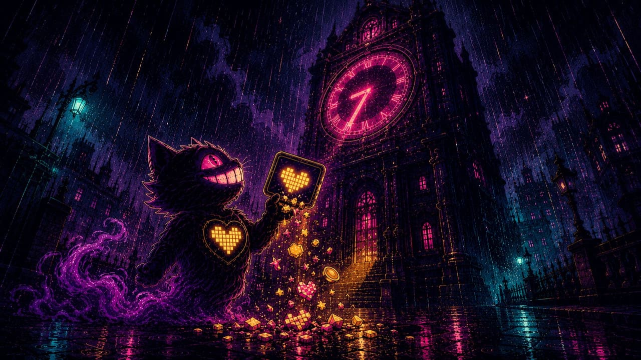 Sid in the rain watching app icons crumble off a phone under a giant clock striking seven