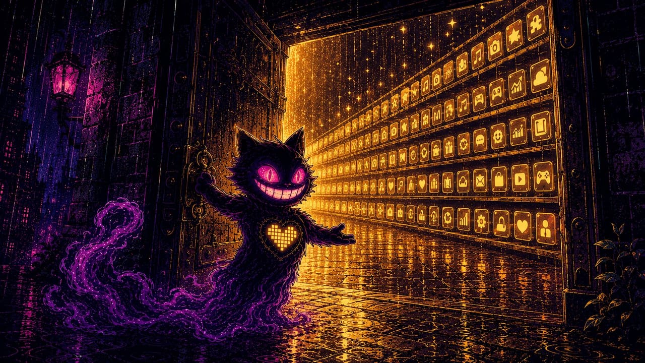 Sid pushing open a heavy door onto rows of calmly glowing installed apps