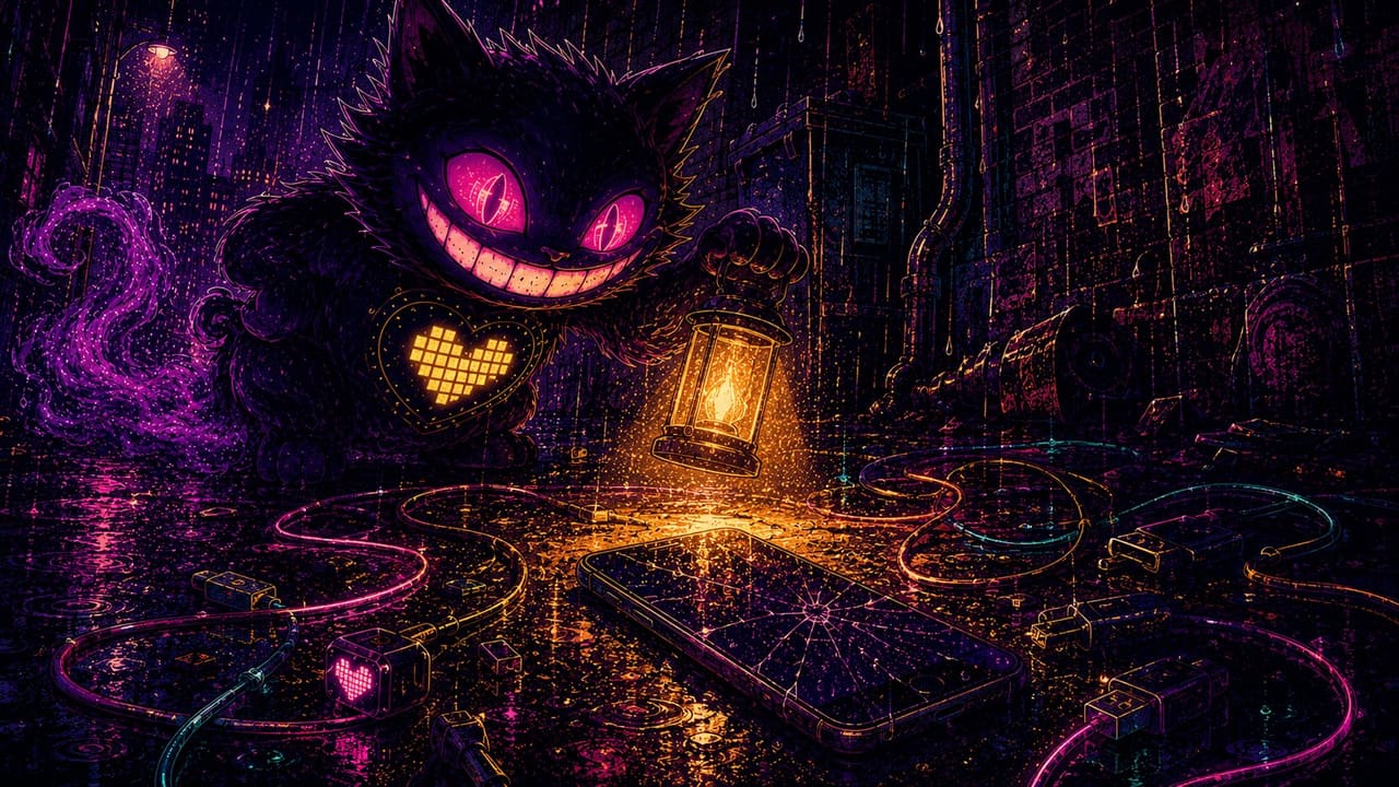 Sid with a flashlight over a phone on wet asphalt, tangled glowing cables around it