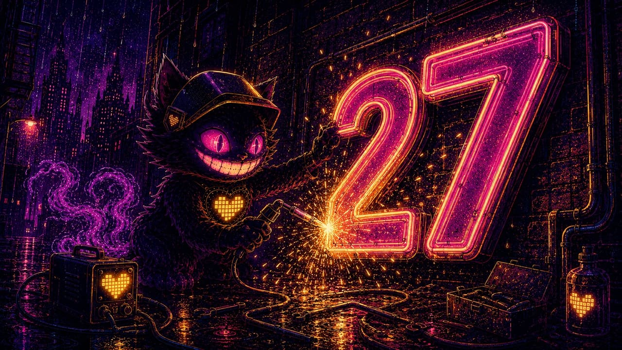 Sid welding a cracked neon sign back together in a shower of gold sparks