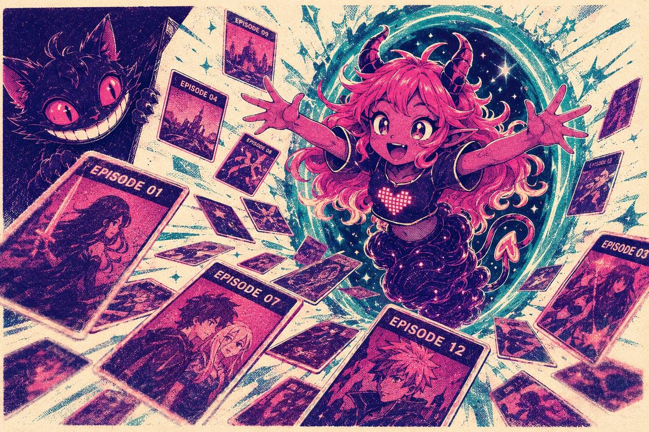 Eve bursting through a portal catching a torrent of anime episodes