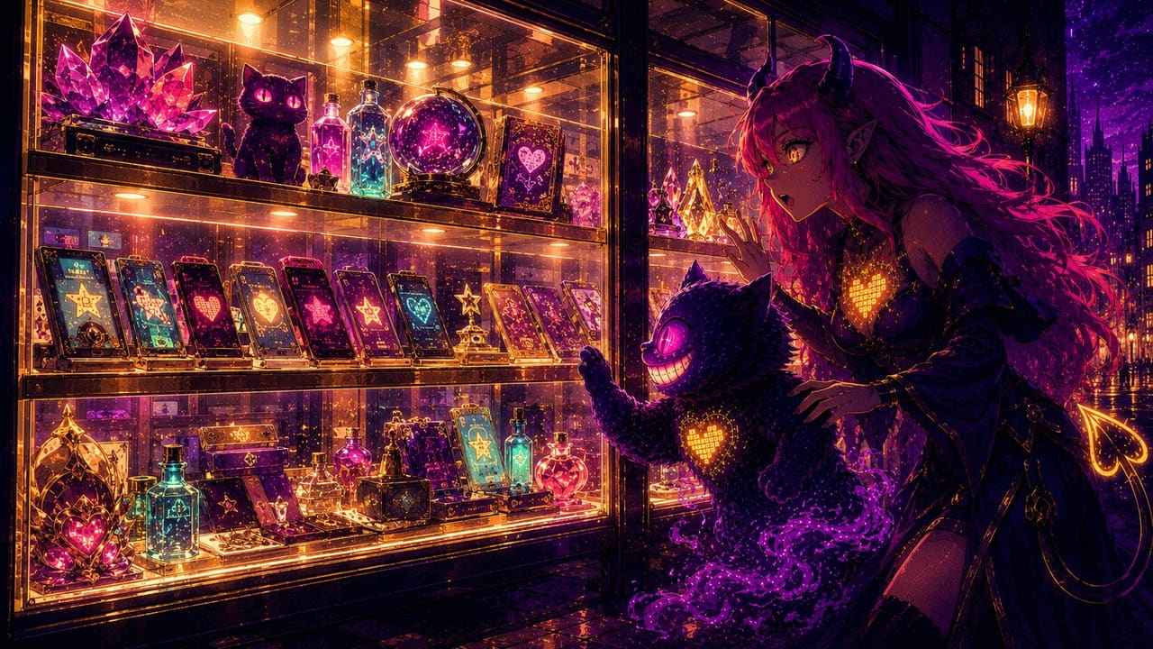 Sid and Eve at a brightly lit storefront with clear glass, everything visible inside