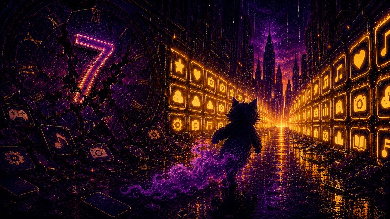 Sid walking away from a shattered clock face while his apps glow steadily behind him