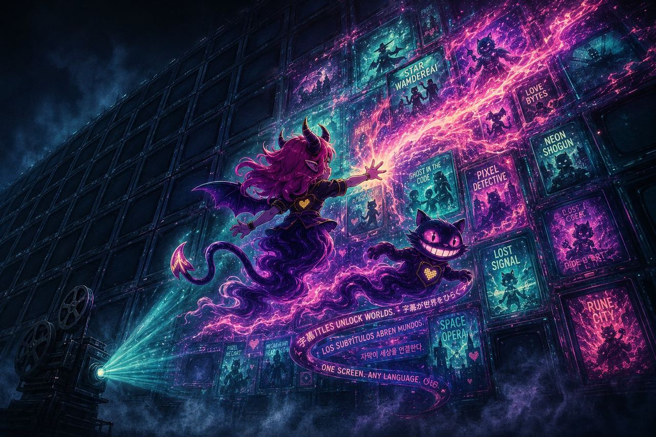 A wall of dark screens igniting into glowing posters