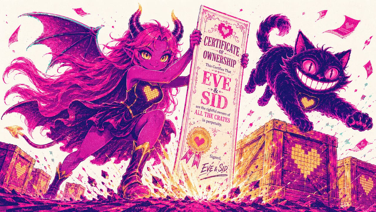 Eve driving a tall certificate into the ground like a banner, gold light spreading across the crates while Sid vaults over one