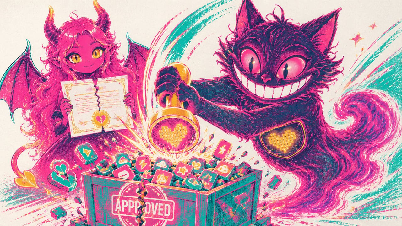 Sid stamping a glowing seal onto an app crate while Eve holds up the certificate it depends on, already cracking