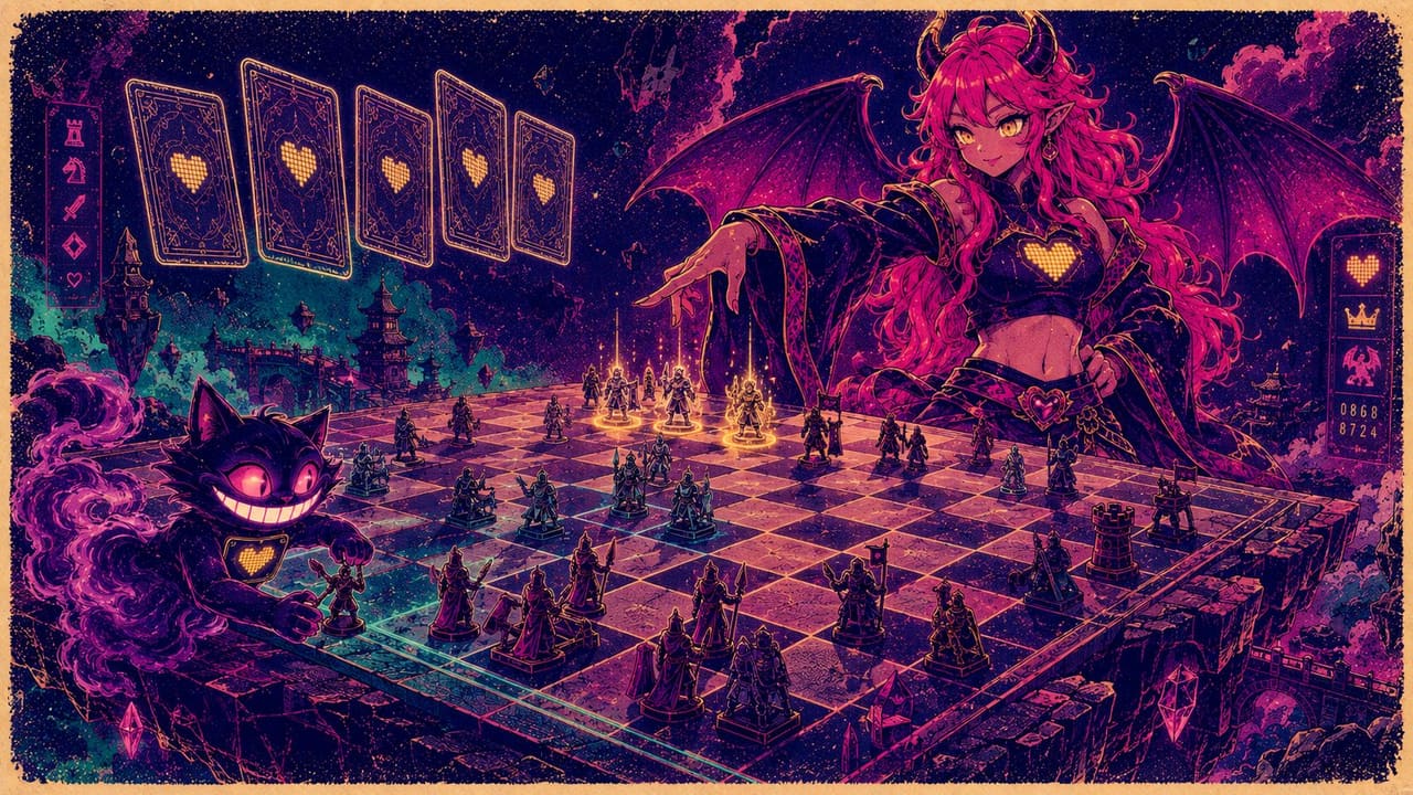Eve commanding a squad across a glowing tactics board while Sid perches on the board's edge moving a piece
