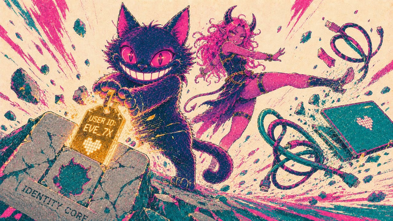Sid holding up a glowing identity tag pulled straight out of an iPhone while Eve waves away a tangle of cables and a laptop