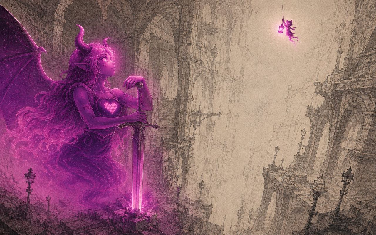 Sid descending on a thread into a vast cavern while a colossal Eve rises below, sword planted, looking up at him