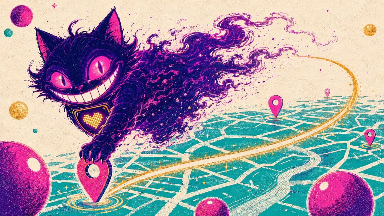 Sid huge in frame mid-teleport, his back half trailing into smoke, one paw landing on a pin over a teal city grid