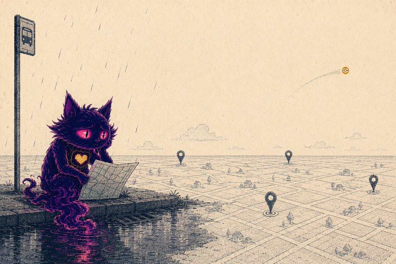 An almost empty suburban map with four lonely pins, Sid waiting in the drizzle