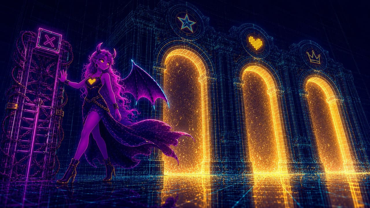 Eve striding past one cramped neon turnstile toward three wide-open gates, cloak flaring