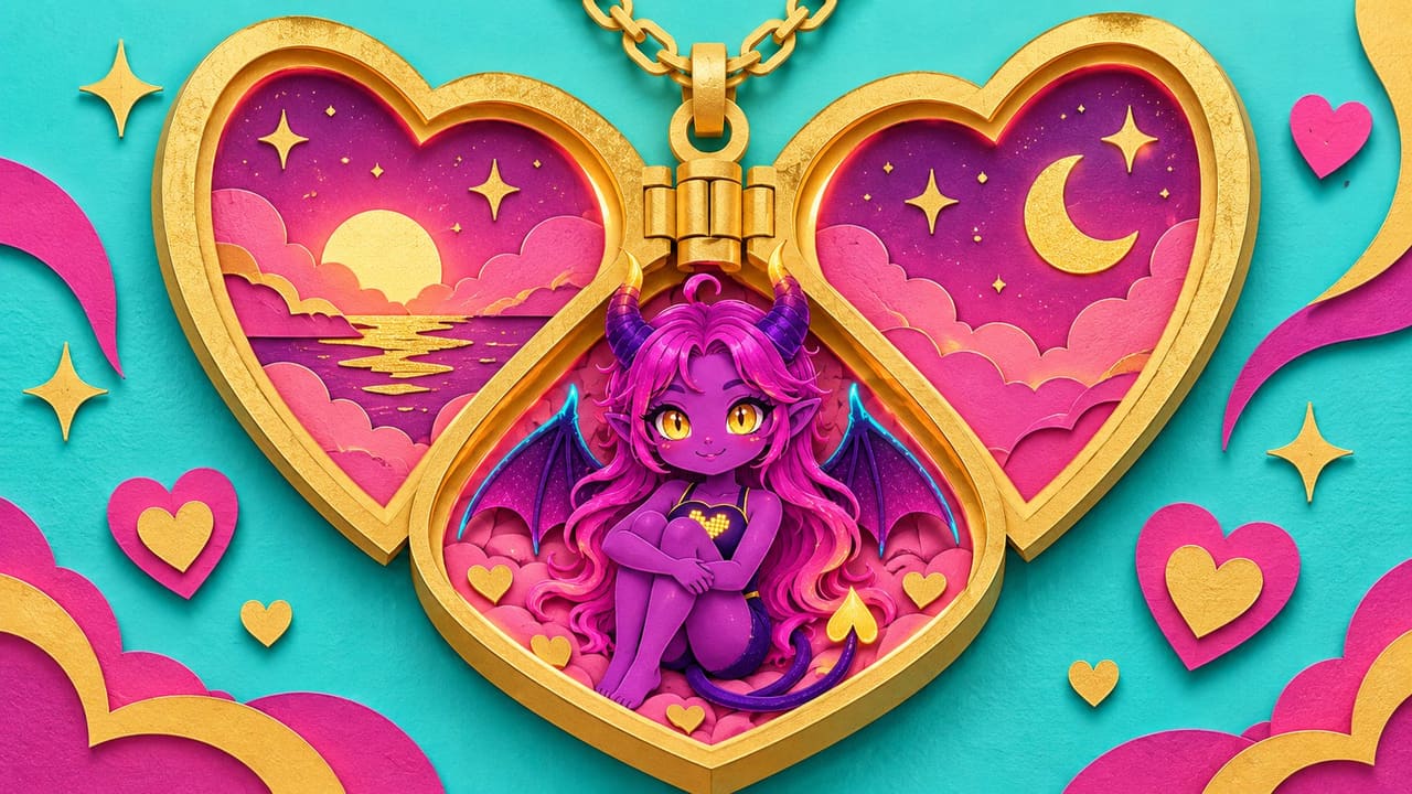 Eve sitting inside a giant open heart-shaped gold locket with glowing photo frames, paper-cut collage