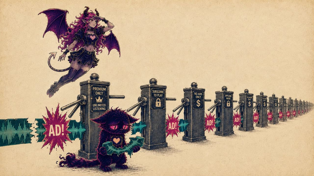 A row of paywall gates cutting a waveform into short, ad-broken fragments