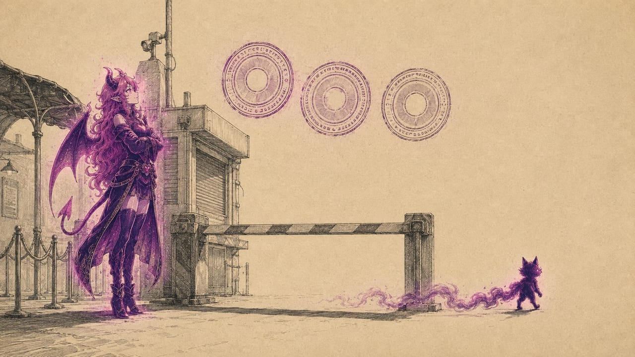 Eve waiting with folded arms at a closed border barrier under three official seals while Sid strolls past it on the far side