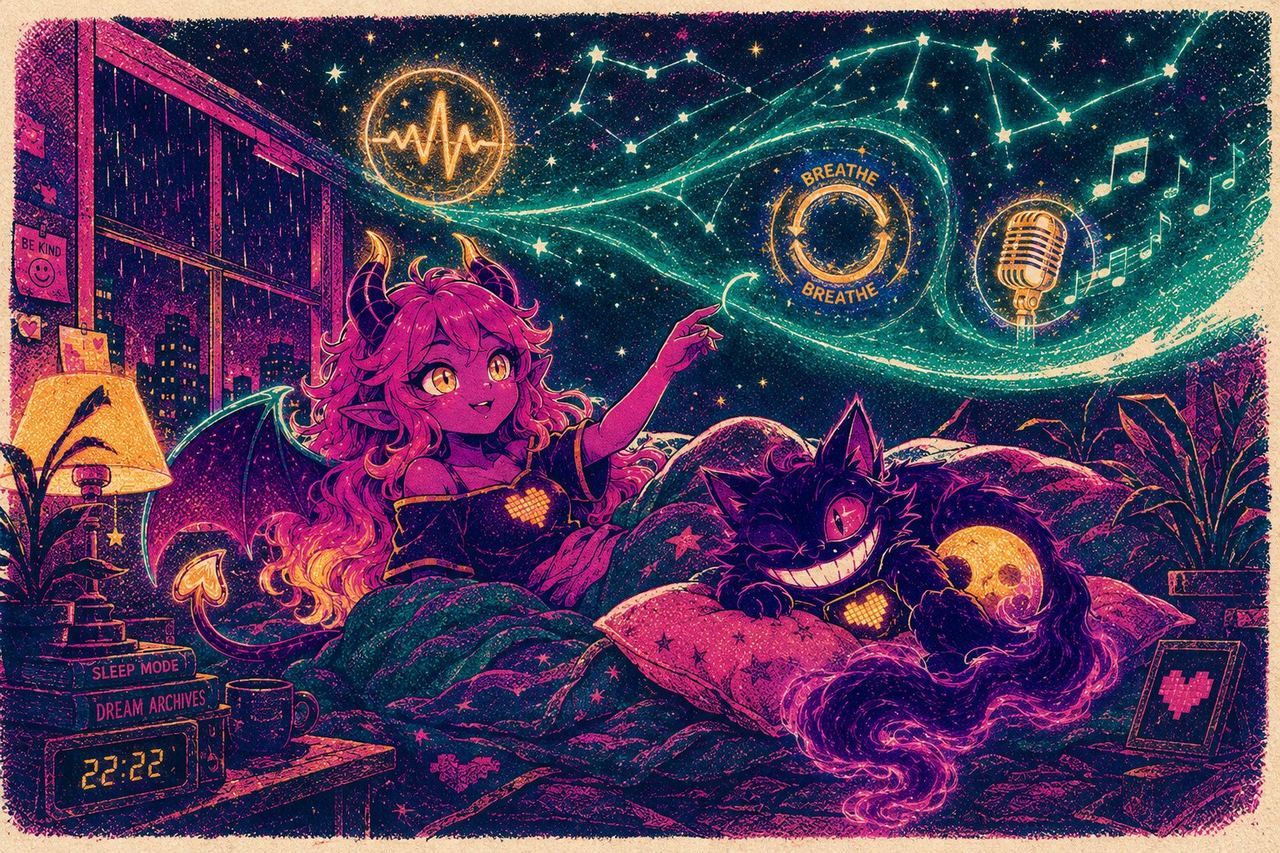 Eve tracing a glowing sleep-wave into constellations while Sid sleeps on the pillow