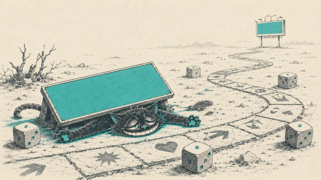 Sid pinned flat under a blank advertising slab on a board-game path, every die stopped on a one