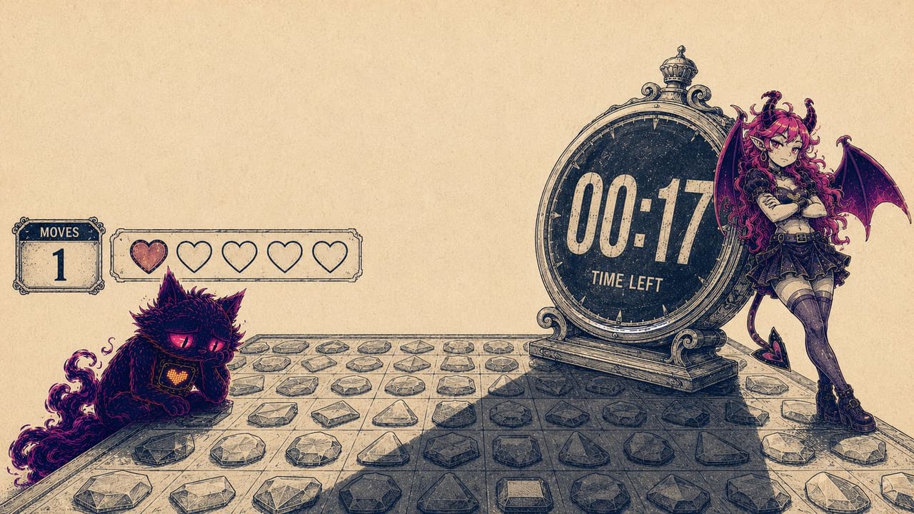 A five-lives meter draining to empty while a countdown timer looms over the board