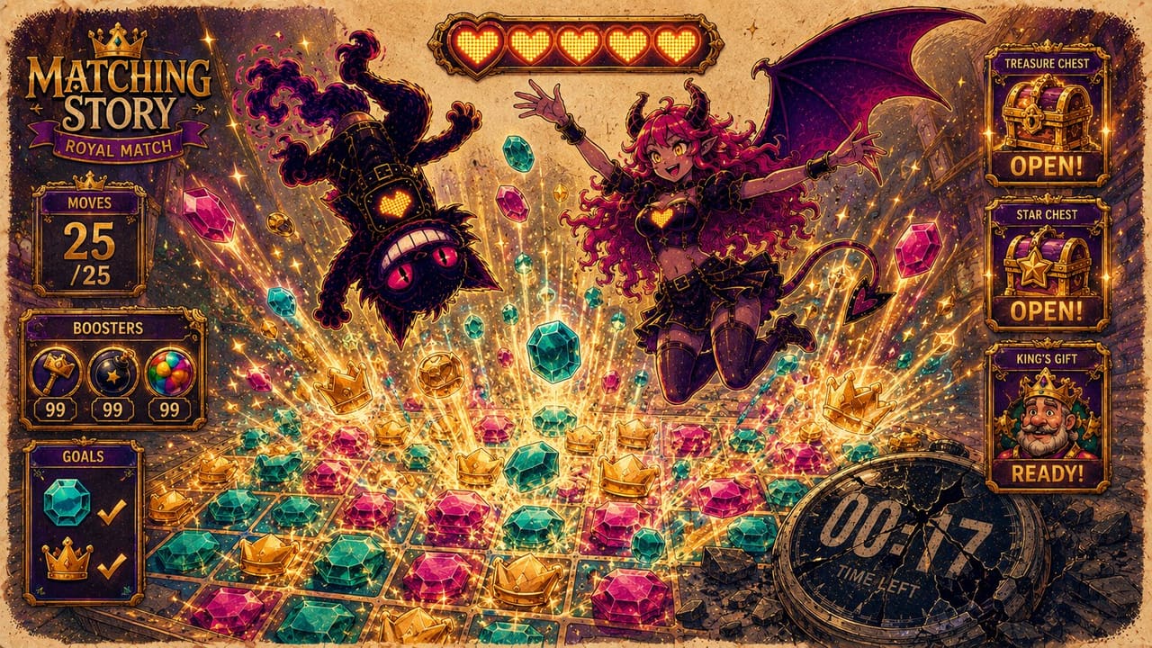 Sid and Eve mid-air over a finished board, gold spilling out of every counter