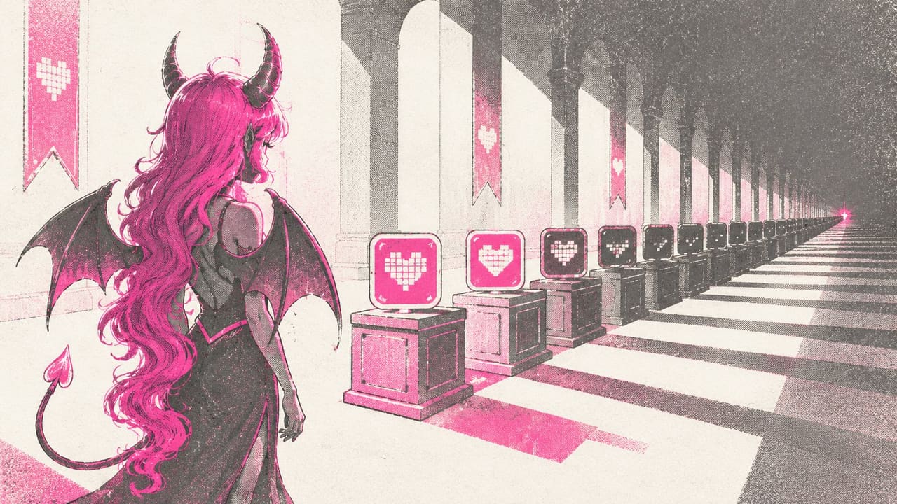A long row of identical app crates going dark all at once down a receding hall, Eve watching the last light go out