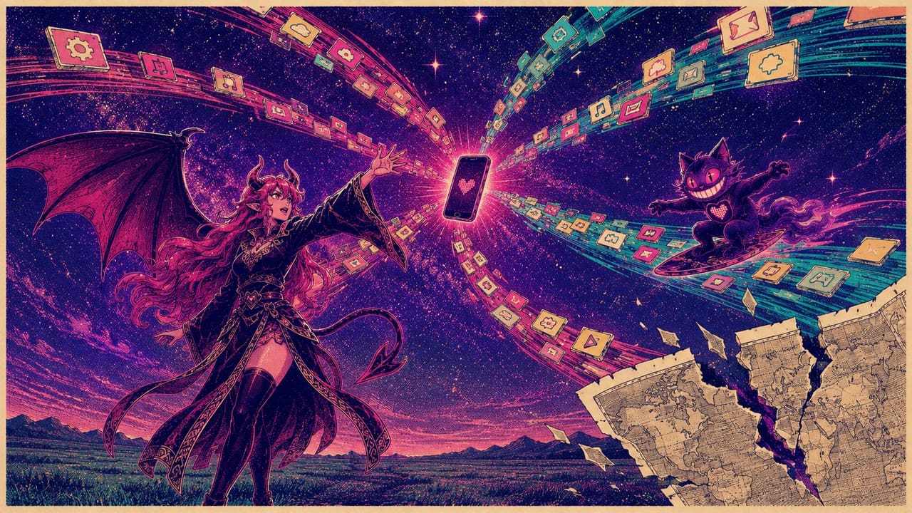 An open plain with no gates at all, apps streaming in from every direction to a single phone, a torn map with ripped borders in the corner