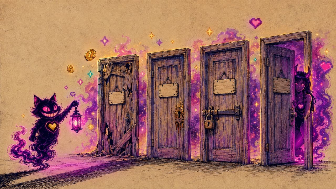 Sid lifting a lantern to four identical doors, magenta light spilling from behind each one, Eve leaning out of the door that stands open