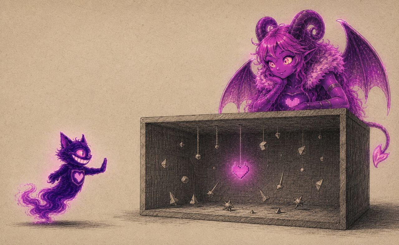 Sid raising a paw in mercy beside a dark battle box, a ram-horned Eve leaning over the arena to watch the glowing heart