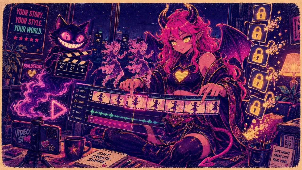 Eve editing a music video on a floating timeline while Sid holds up a clapperboard, effect packs unlocking behind them
