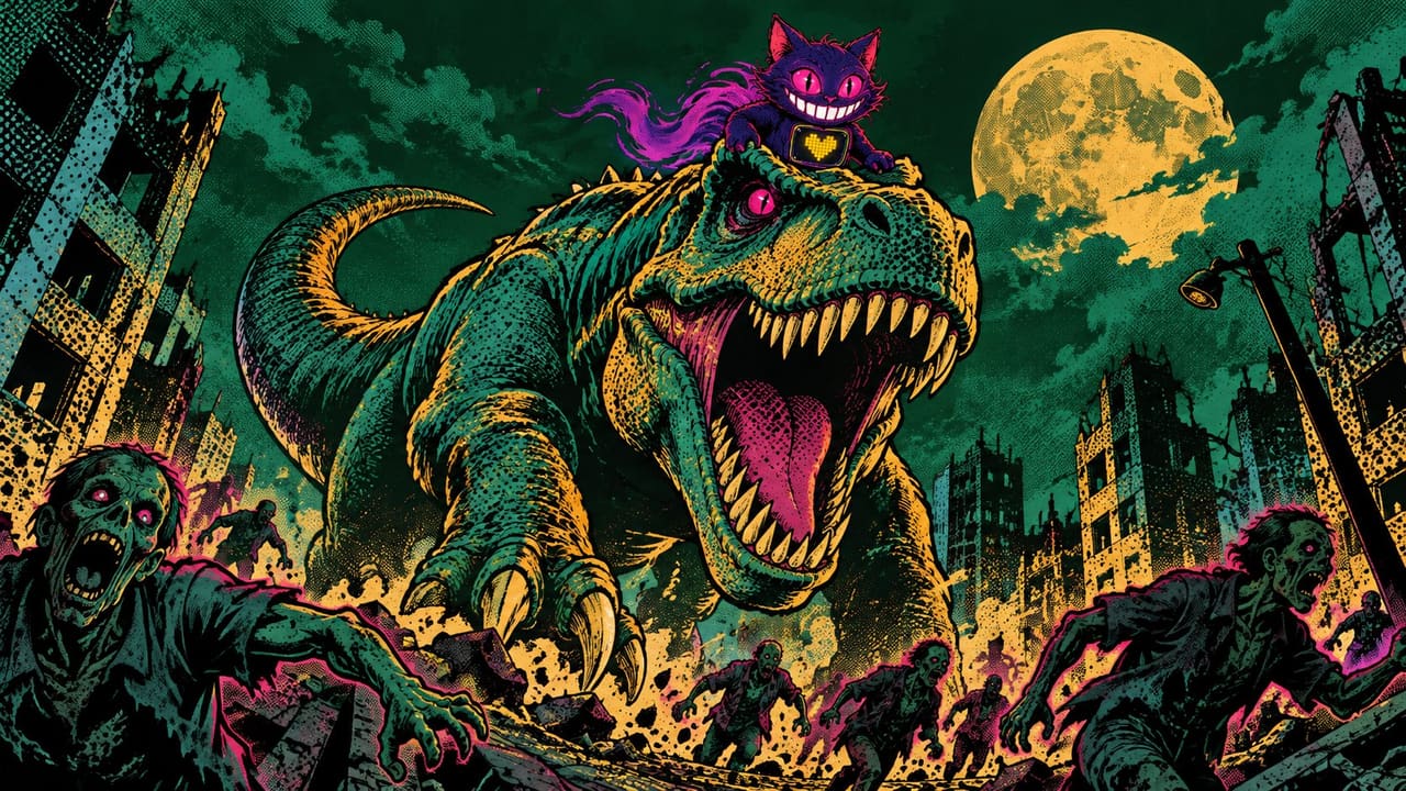 A giant dinosaur smashing through a ruined city street at night as zombies scatter, with Sid riding on its head