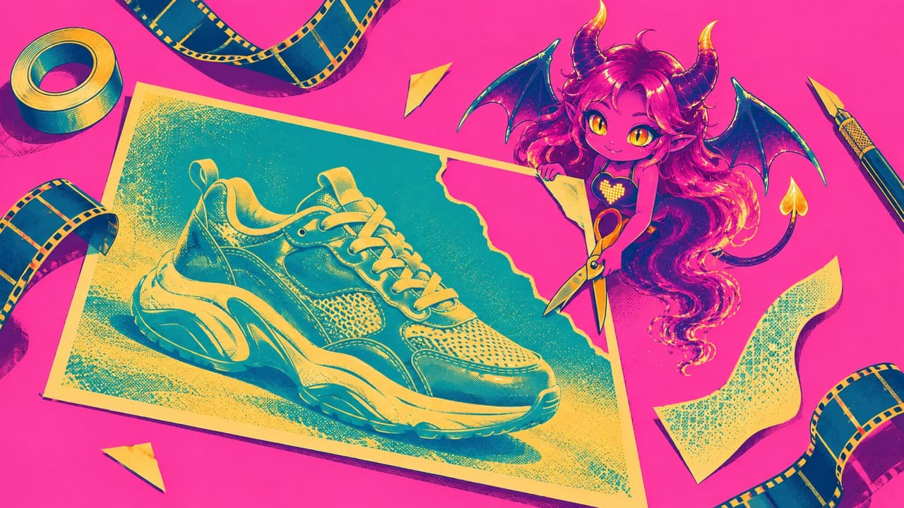 Eve cutting the background away from a sneaker product photo on a magenta desk scattered with film strips