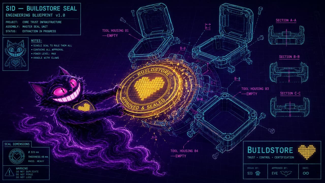 Sid pulling one glowing trust seal out of an exploded blueprint while four tool housings sit empty around it