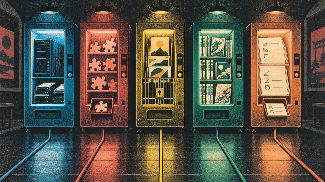 Five different video sources — a home server, an addon feed, a catalogue, an anime library and a watchlist — running down five separate cables