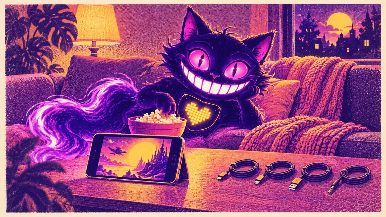 Sid on a sofa with one screen finally showing the right thing, four idle cables coiled neatly beside him
