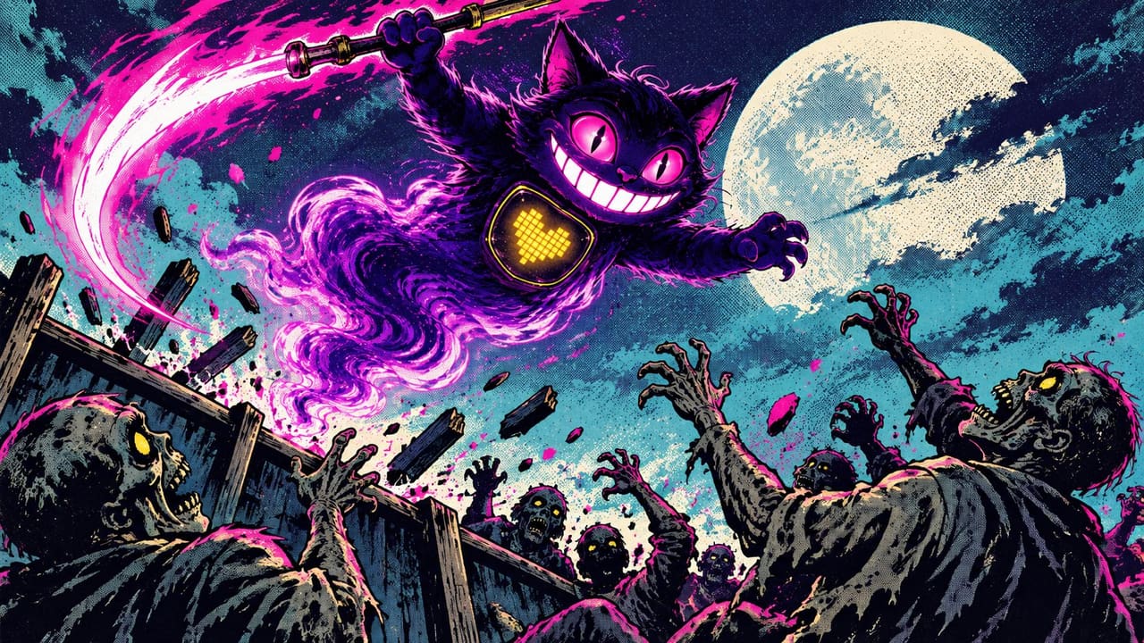Sid leaping from a barricade with a glowing weapon as the zombie horde falls back